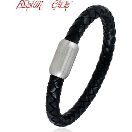 Black/Brown 8/8.5 inch 316L Stainless Steel Bracelets Bangles Mens Black Leather Knitted Magnetic Clasp Bracelet