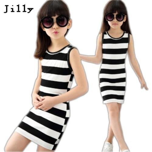 Children Girls' Clothing Black And White Stripes Summer Girl Dress 100% Cotton 3-14 Years Kids Vest Dresses For Teenage Girls