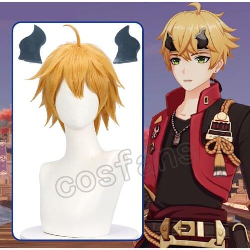Genshin Impact Tohma Cosplay Wig Genshin Impact Tohma Light Brown Ponytail Hair Peluca Anime Hair Clip Halloween Party Carnival