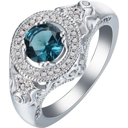 Hot sale silver plated ring latest design new trendy fashion blue cz paved with white zircon women wedding engagement ring