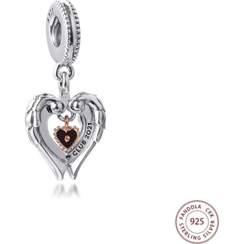 Club 2021 Angel Wings & Heart Dangle Charms Fits Original Pandora Bracelet 925 Sterling Silver Beads DIY Jewelry Making