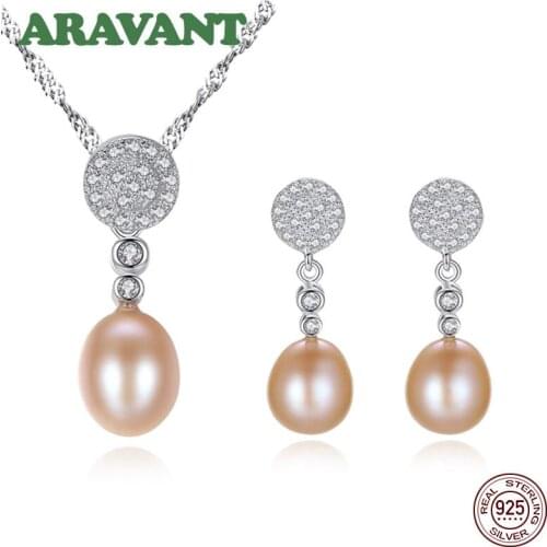 Wedding Jewelry Set 925 Silver Pave Zircon Pearl Pendant Necklace Drop Earring Women Fine Jewelry