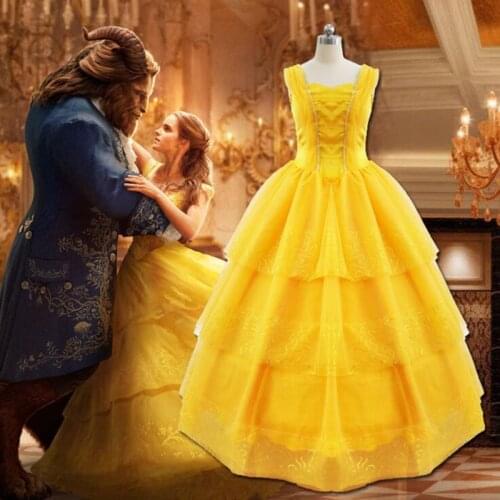 Beauty And The Beast Costumes Princess Belle Dresses Adult Anime Cosplay Halloween Costume For Women Yellow Fantasias Long Dress