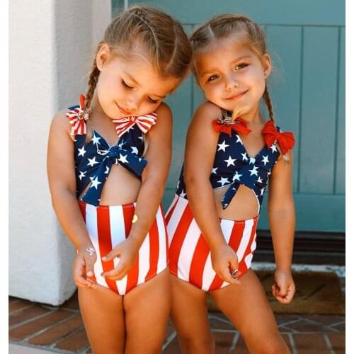 Independence Day Sweet Swimsuit for 0-24 Months Baby Girl Dark Blue Stripe Star Print Pattern Sleeveless V-Neck Beach Swimsuit