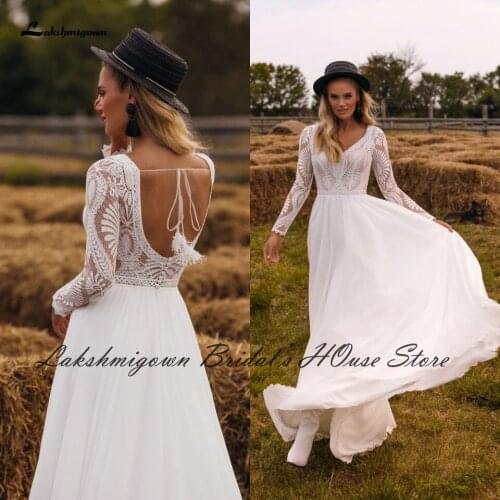 Lakshmigown Vintage Backless Lace Long Sleeve Boho Wedding Dress 2021 Vestido Largo Boda V-neck A Line Bridal Wedding Gowns