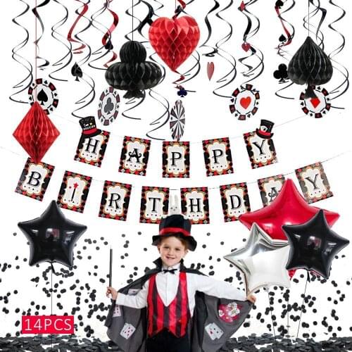 Magician Poker Themed Party Paper Honeycomb Hanging Swirls Foil Balloons Black Confetti Kids Birthday Party Decorations