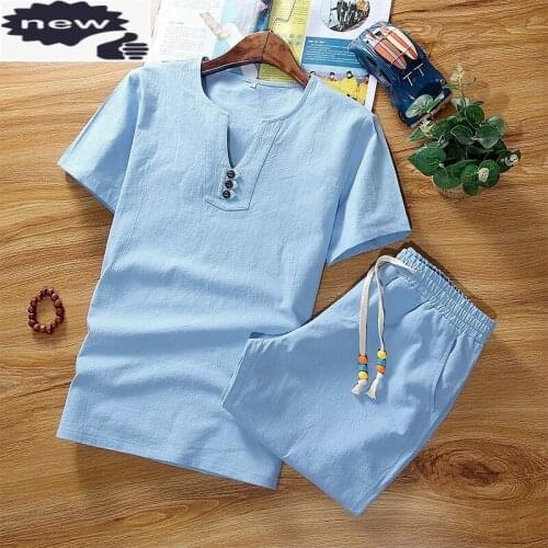 New Arrival Summer Cotton Linen Thin Short Sleeve T-Shirt Fashion Plus Size M-5XL Two Piece Sets Shorts For Men