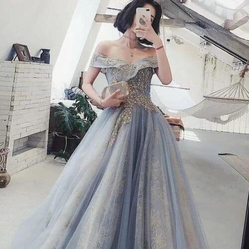 2021 new Modest A Line Tulle Prom Dresses Sparkly short Sleeves floor Length Formal Evening Gowns lace graduation dresses