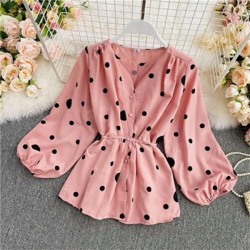 2021 New Spring Women Chiffon Blouse All-match Sweety Girl V-neck Shirt Autumn Lady Short Dot Blousas Bottomings Outwear WZ1473