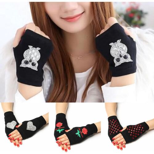 New Rhinestone Fingerless Gloves Rose Animals Printed Women Men Winter Warm Knitted Gloves Wool Half Finger Computer Mittens