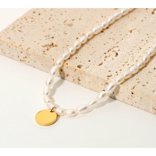 Freshwater Pearl Necklace Choker Round Initial Pearl Necklace Stainless Steel Buckle Gold Color Pendant Freshwater Pearl Jewelry