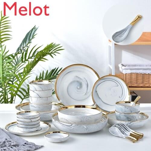 Factory direct cheap price Europe style gold rim marble pattern porcelain dinnerware sets ceramic dinner plate dinner set