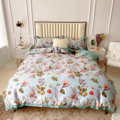 Luxury 600TC Egyptian Cotton Plant Floral Printing Bedding Set Soft Satin Silky Double Duvet Cover Set Bed Sheet Pillow Shams