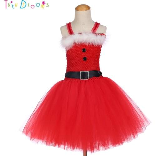 Christmas Girl Santa Tutu Dress Kids White Feather Red Xmas Cosplay Costume Clothes Outfit For Thanksgiving Holidays Photos