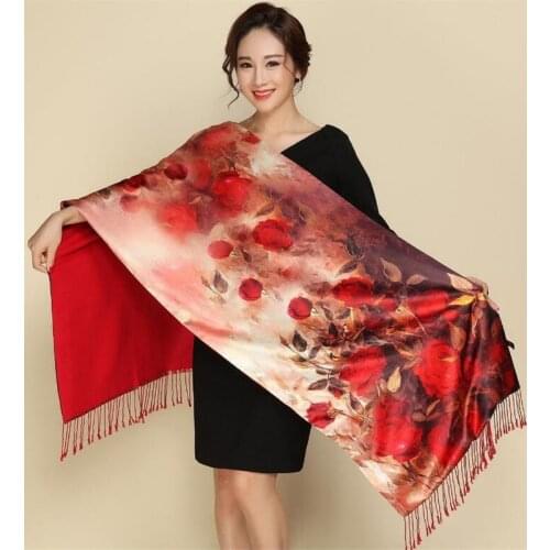 IANLAN Womens Dual Use Genuine Silk Printed Scarves Double-faced Long Wraps Tassels Shawls Ladies Winter Cloak Pashmina IL00139