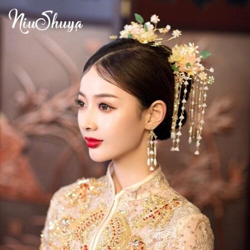 NiuShuya Fresh Clear Flower Traditional Chinese Wedding Bride Headpiece Ancient Phoenix Hanfu Hairpins Hair Accessories