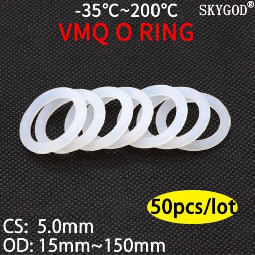 50pcs VMQ O Ring Seal Gasket Thickness CS 5mm OD 15 ~ 80mm Silicone Rubber Insulated Waterproof Washer Round Shape White Nontoxi