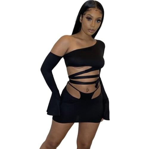 Two Piece Outfits Women Sets Skirts And Top 2021 Black Girl Evening Party Flare Long Sleeve Bandage Chic Top Sexy Dress