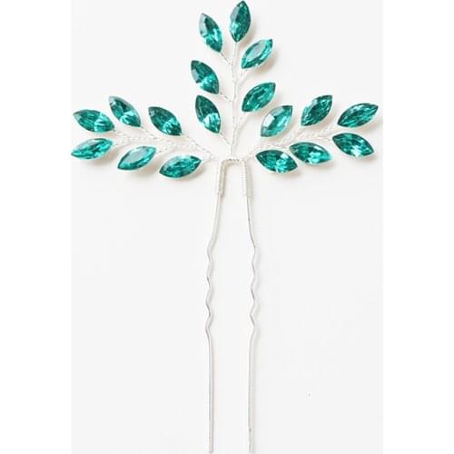 New Arrival Green Rhinestone Hair Pins Clips Women Head Decoration Handmade Plant Style Wedding Hair Ornament Accessories