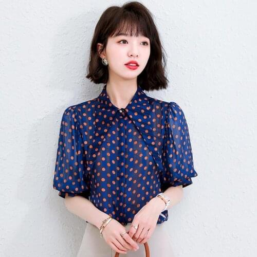 Women Summer Chiffon Dots Shirts Temperament Elegant Short Sleeve Blouses Pointed Collar Loose Mujer Blusas Tops MM0949