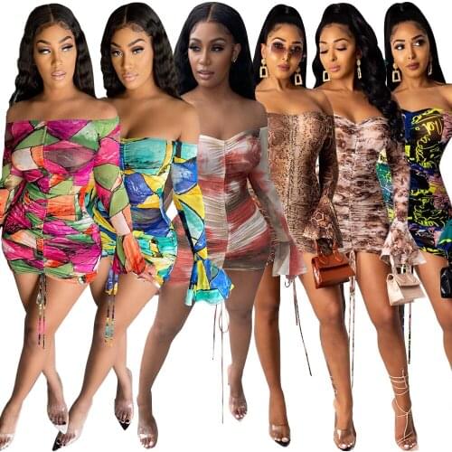 Europe And The United States 2021 Sexy Printed One-shoulder Strap Long-sleeved Ruffled Womens Dress Nightclub Clothes