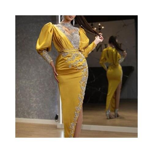 Party Dress Women Autumn Slim Dinner Satin Dresses 2021 Sexy Yellow Tail Banquet Long Sleeve Dinner Ladies Long Dress