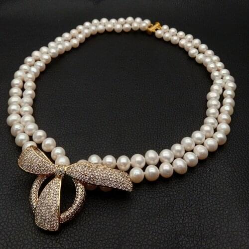 2 strands White freshwater Pearl Necklace Gold Plated CZ Pave Pendant 19"