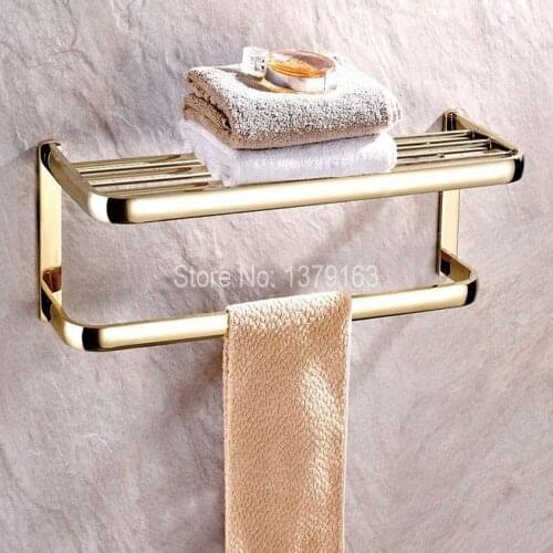 Bathroom Accessory Luxury Gold Color Brass Wall Mounted Bathroom Large Towel Rail Holder Storage Rack Shelf Bar aba841