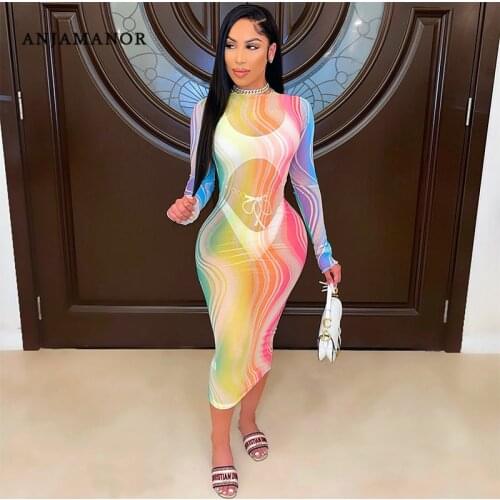 ANJAMANOR Sexy Gradient Geometric Print Mesh Sexy Dress Summer Outfits for Women See Through Long Sleeve Bodycon Dress D37-CD20