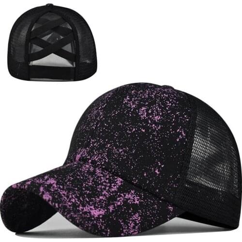 Women Color Printing Fashion Breathable Ponytail Baseball Cap Casual Summer Snapback Hat Purple trend Satin Mesh hat
