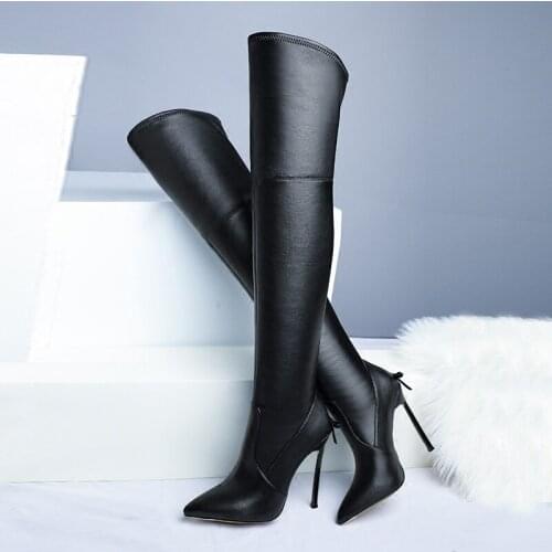 Fashion Stretch Black Leather Women Slip On Over The Knee Boots Sexy High Heel Boots Thin Bow Back Knight Boots Blade Heel Boots