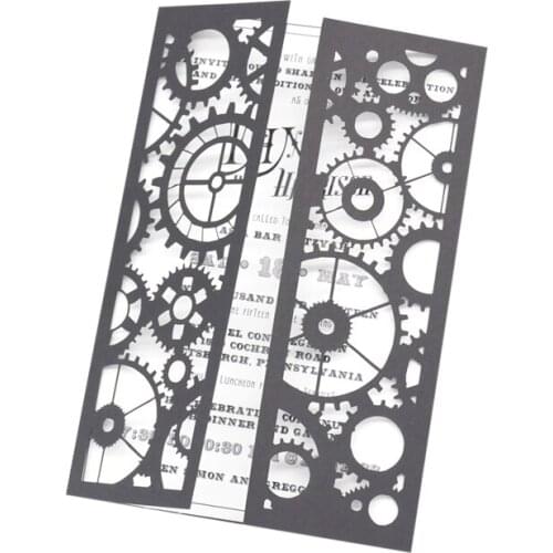 Black plain color paper laser cut wedding invitation with gears