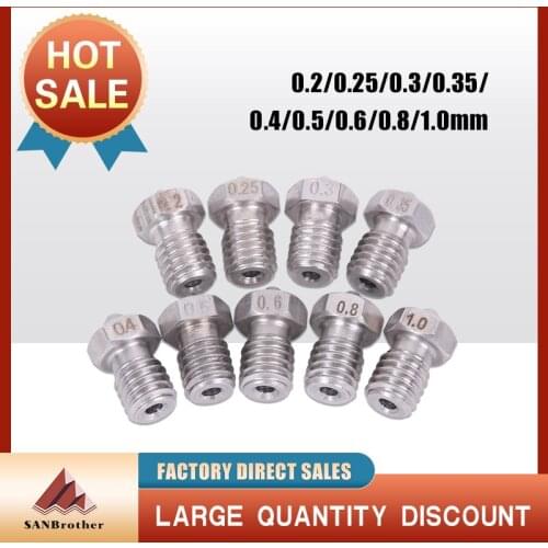 2pcs V5 V6 Stainless steel Nozzle 0.2/0.3/0.4/0.5/0.6/0.8mm M6 thread Nozzle for 3D Printer E3d 1.75/3.00MM Extruder Print Head