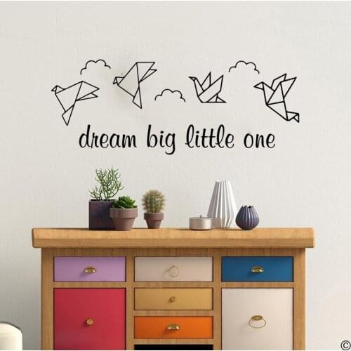 Origami Bird Dream Big Little One Cloud Wall Sticker Baby Nursery Inspirational Quote Motivational Wall Decal Bedroom Playroom