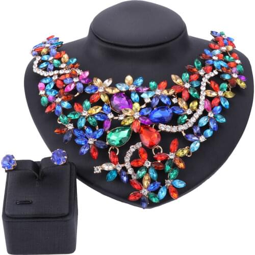 Fashion Necklace Earrings Rhinestones Crystal Pendant Gold Color Wedding Party Jewelry Sets For Women African Dress Accessories