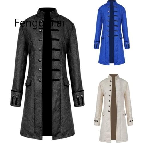 Autumn Winter Explosive Jacquard Fabric Mens Jacket Windbreaker Long Steampunk Retro Stand Collar Jacket Long Coats for Men