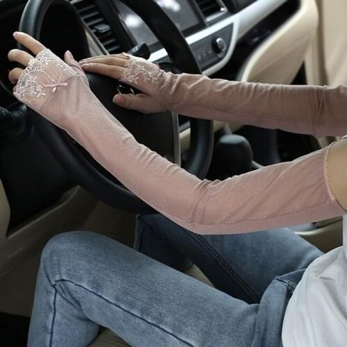 Summer womens long ice silk sunscreen gloves with half-finger thin breathable arm protection for driving and riding