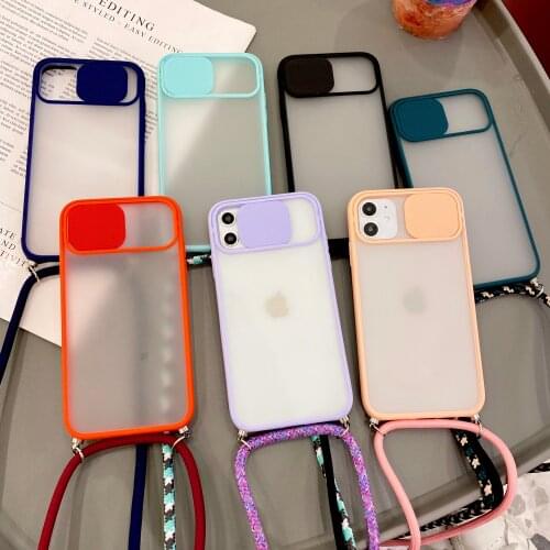 Frosted Slide Camera Protection Case for iPhone 12 12Pro 12 Pro Max Silicone Back Cover Soft with lanyard hang