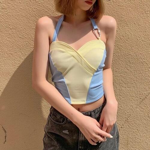 Womens Color Block Tank Tops Sleeveless Trendy Slim Fit Wild Summer Halter Metal Clip Strap Base Vest for Summer Daily