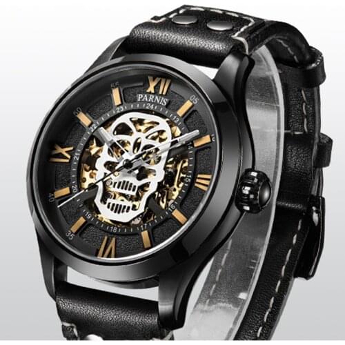 Parnis 42mm Mechanical Mens Watches Fashion Design Skull Sapphire Crystal Black PVD Case Luminous Leather Men Automatic Watch