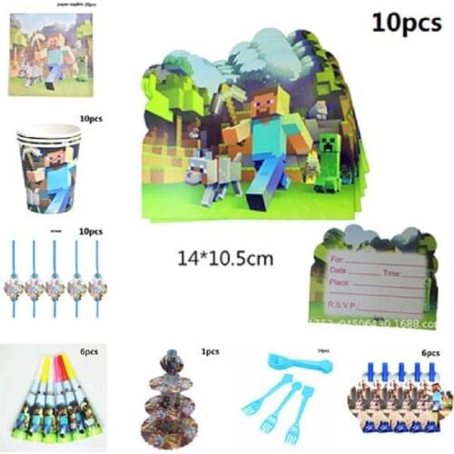 Minecrafte steve Birthday Party Decorations Set Box Napkins Plates Tablecloth Cups Knives Forks Spoons Kids Tableware Supplies
