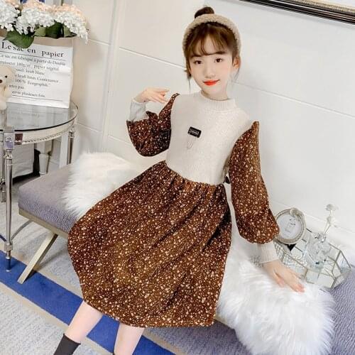 New Girls Corduroy Dress 2020 Autumn Floral Print Children Sweater Patchwork Dresses Cotton Baby Winter Clothing For Kids 4-13Y