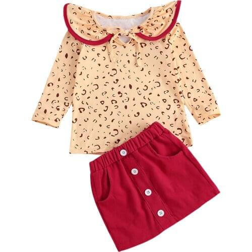 Toddler Kids Baby Girls Fall Outfits Long Sleeve Leopard Print Top + Mini Skirt with Button 2Pcs Clothes Set
