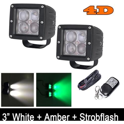 Pair 24W 4D LED Work Light Cube 3x3" Square Pods White/Green; White/Red;White/Blue;Red/Blue Double Color Switched Strobeflash