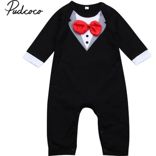 Pudcoco Toddler Handsome Baby Cool Boy Clothes Baby Long Sleeve Suit Infant Jumpsuit Gentlemen Black Bowknot Rompers Formal Suit