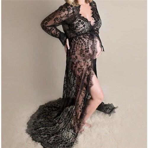 Sexy Clothes Womens Sexy Lingerie See-through Lace Solid Long Maxi Dress Pregnant Long Sleeve Lace Maternity Photography Props