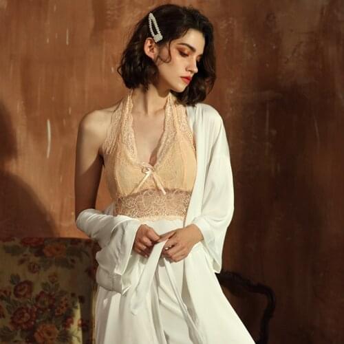Smmoloa Silk Robe with Gown Set Sexy Lingerie Women Sleepwear