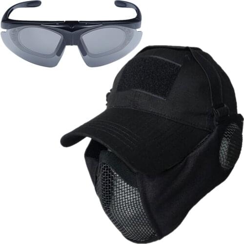 Tactical Mesh Airsoft Mask with Ear Protection and Baseball Cap Hat Goggles for Airsoft Paintball Shooting Military Gear Sport
