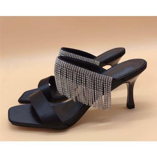 Crystal Tassel Womens Slippers Black Stiletto Heels Pumps Peep Toe Gladiator Sandals Ladies Party Prom Shoes Fetish Sandles