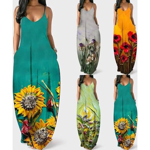 Female Maxi Dress, Floral Print Sleeveless Spaghetti Strap Sundress for Women, Green/Yellow/Light Gray/Light Green